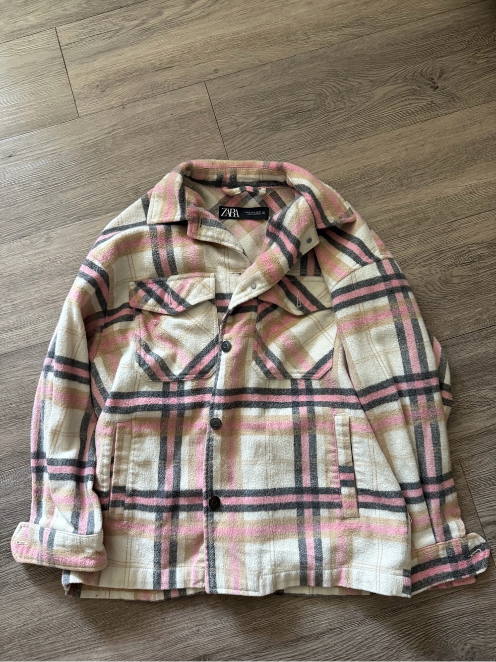 ZARA Cream, Pink & Gray Plaid Utility Shacket